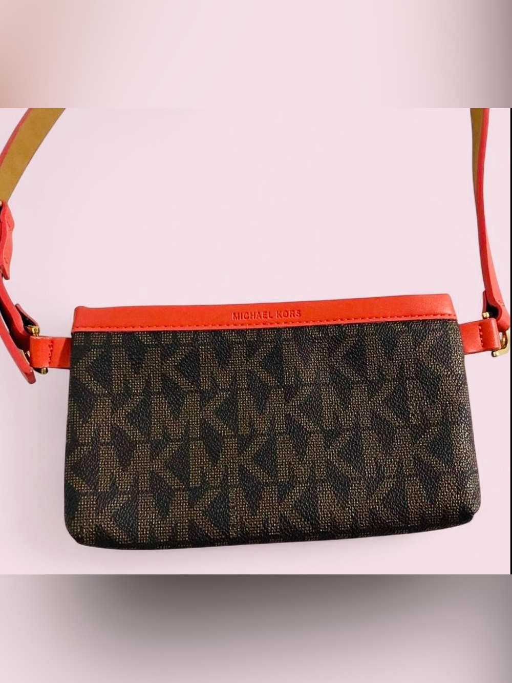 Michael Kors Signature Red Coral Brown Leather Fanny Pack Belt Bag Sz M